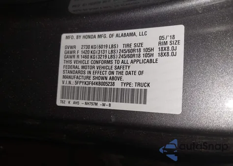 2019 Honda Ridgeline Rtl-T from USA, damaged, VIN 5FPYK3F64KB005238
